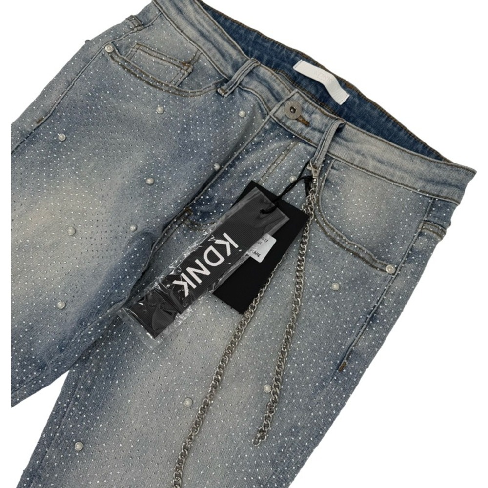 KDNK NEW 32 Skinny Flare Jeans Rhinestone Pearl Embellished Bling Streetwear